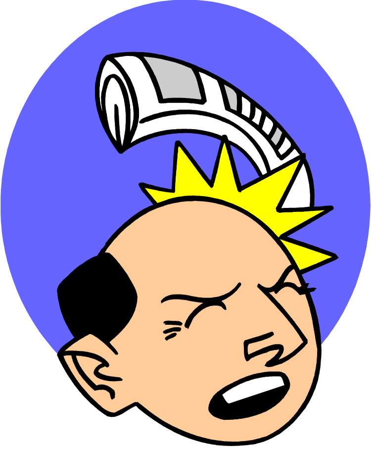 Tecknad illustration av man som får hoprullad tidning i huvudet